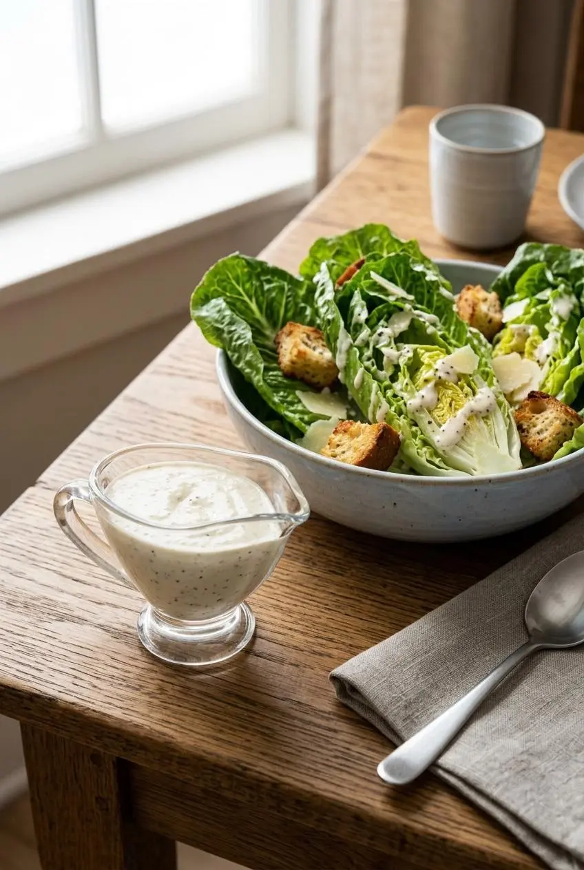A glass sauce boat filled with Caesar dressing served next to a crisp romaine salad with crunchy croutons.