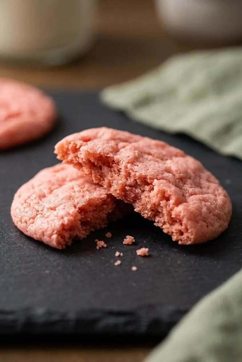 Close up of a warm cake mix cookie broken in half showing a fudgy center and delicate matte crust