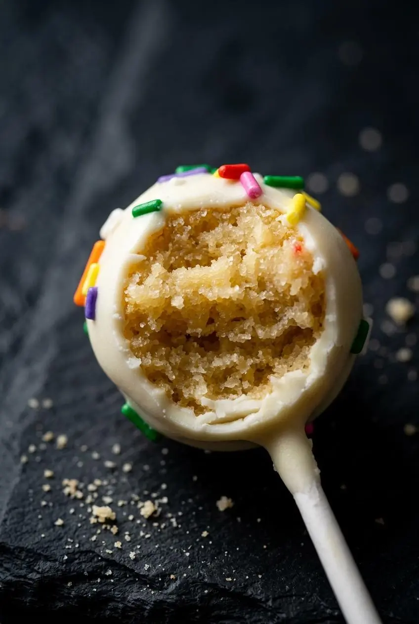Bite taken from a vanilla cake pop showing the fudgy crumb center inside a crisp candy shell.