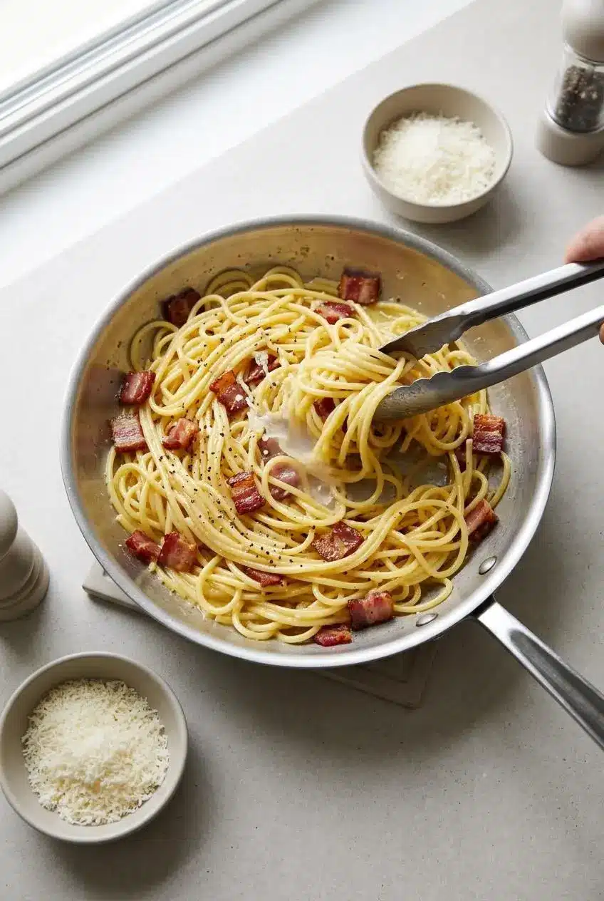 Tossing spaghetti with tongs in a skillet off the heat while adding starchy pasta water to emulsify.