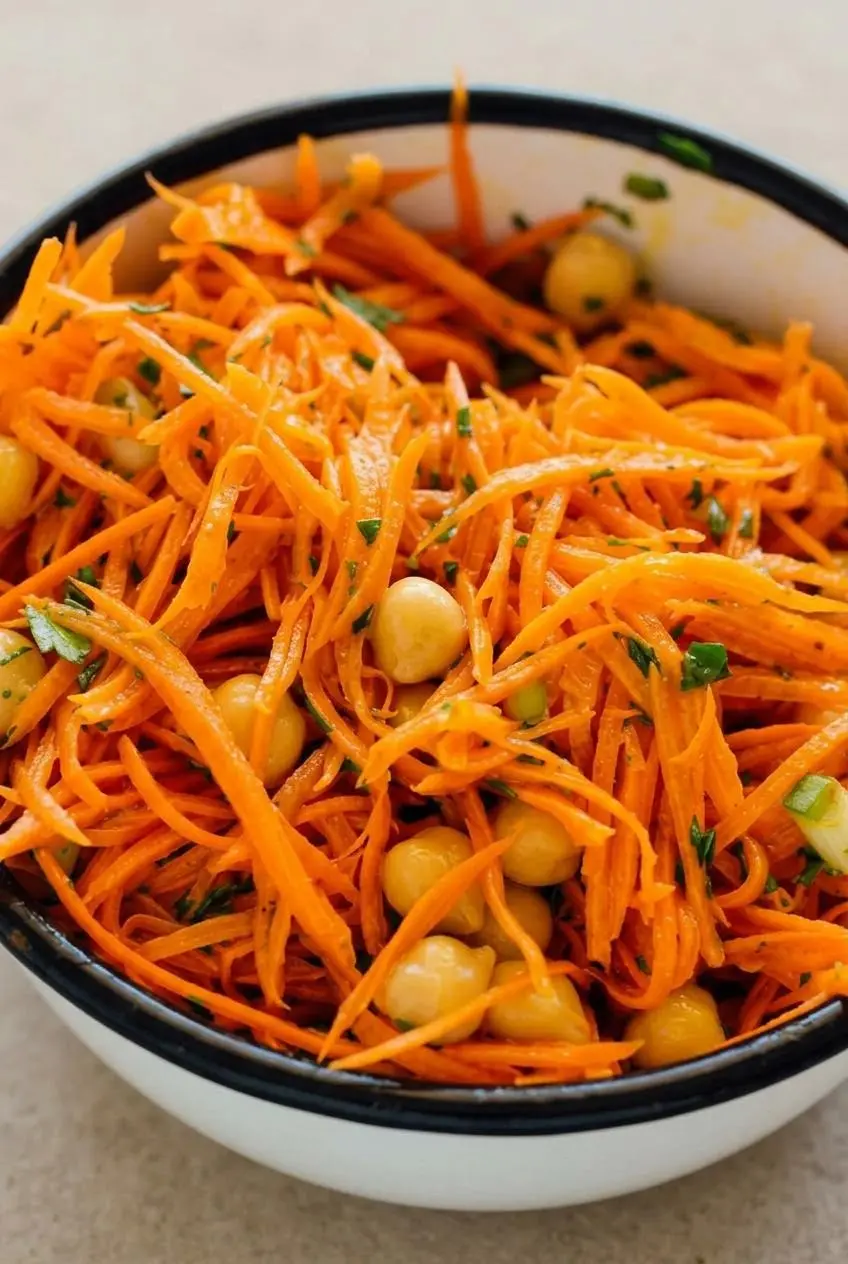 Close-up of freshly shredded carrots coated evenly in glossy vinaigrette with fresh herbs.