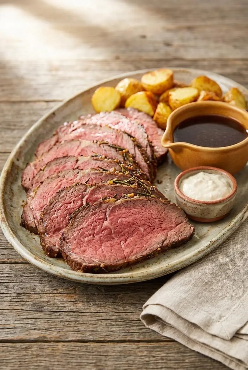 Thin slices of tender roast beef fanned on a platter with au jus, horseradish sauce, and roasted potatoes.