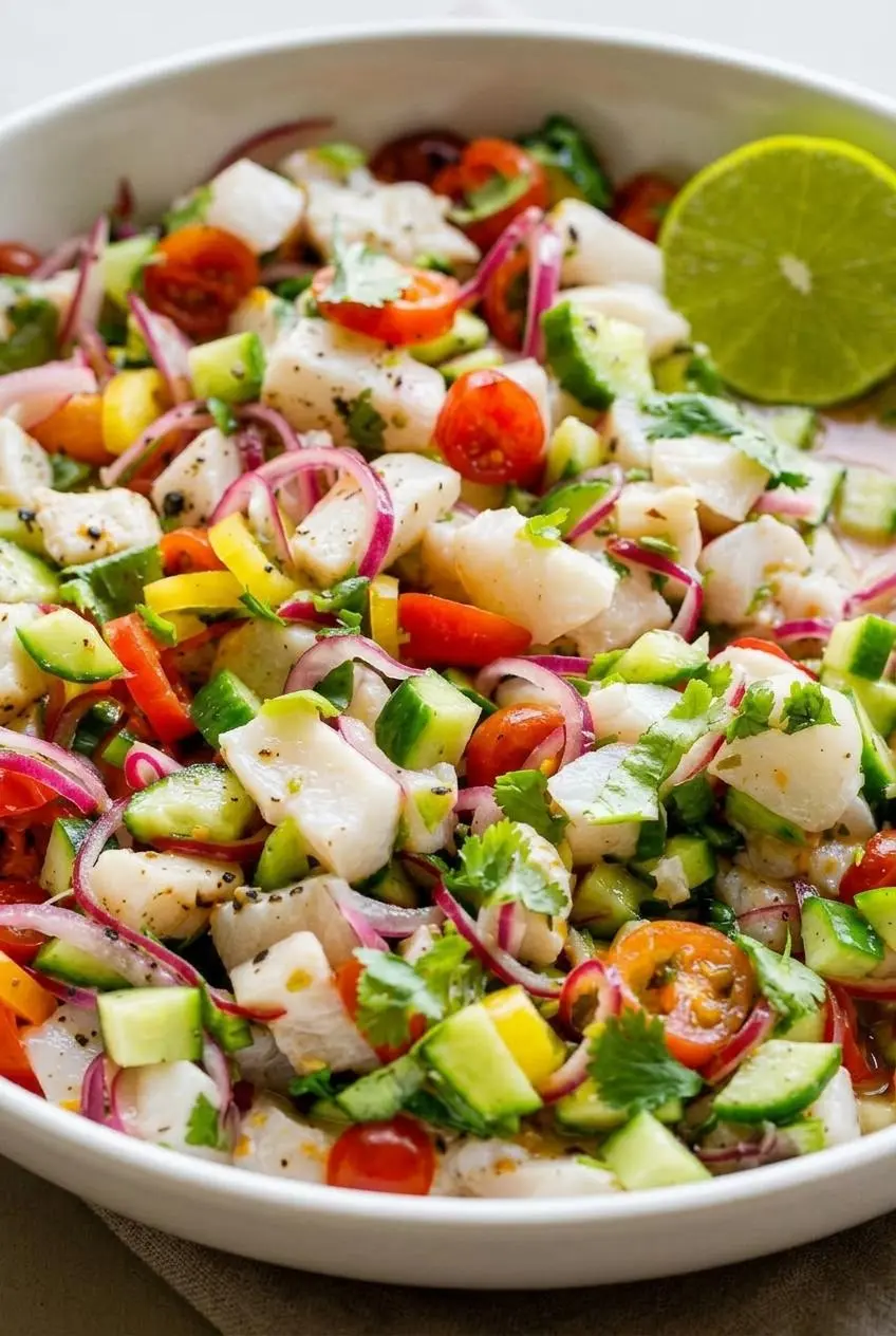 Close-up of opaque lime-cured white fish cubes showing delicate tender texture with cilantro and red onion.