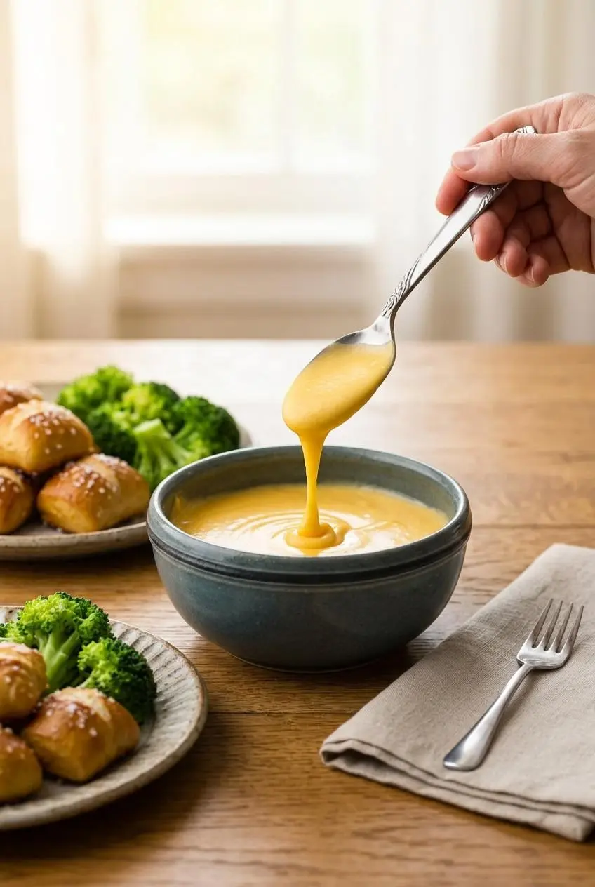 Warm bowl of cheddar cheese sauce served with soft pretzel bites and steamed broccoli.
