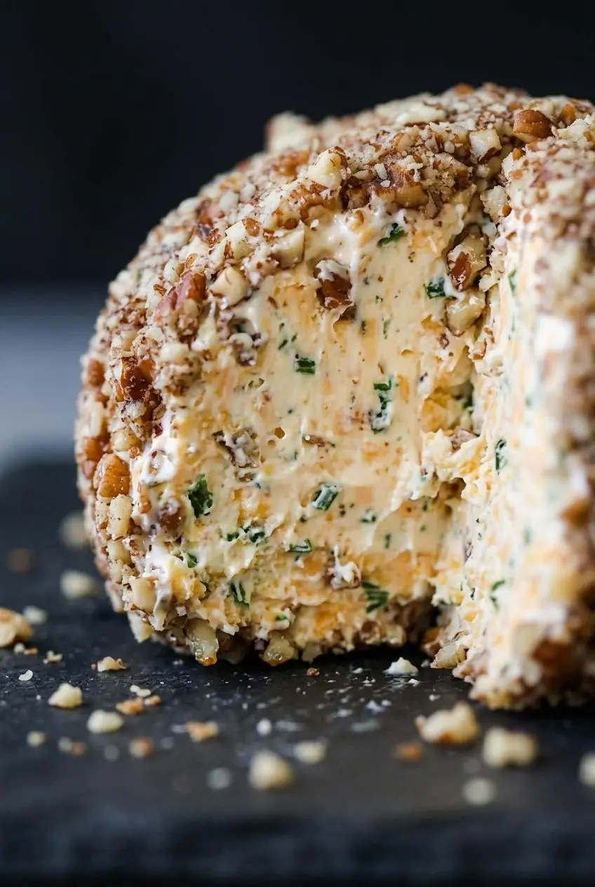 Macro close-up slice of a cheese ball showing the creamy cheddar center and crunchy pecan coating.