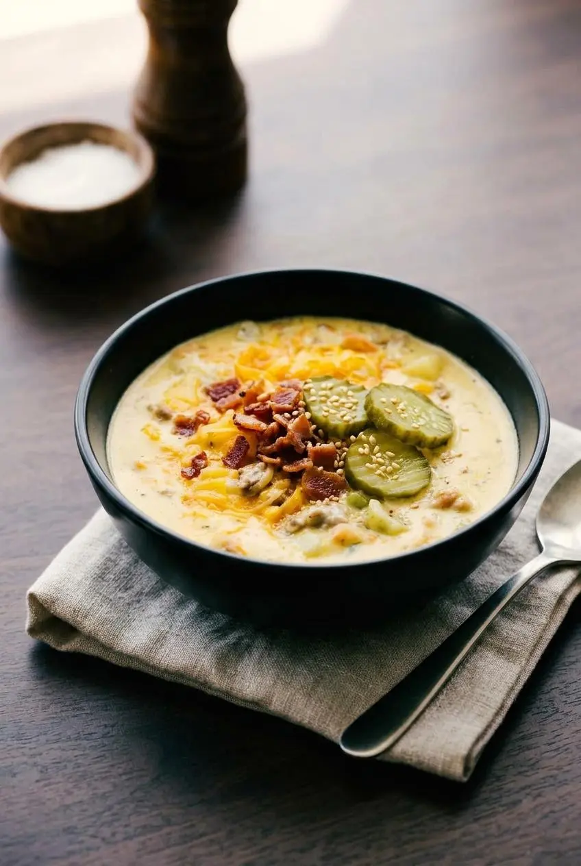 A bowl of cheeseburger soup on a linen runner, garnished with pickles, bacon, and sesame seeds.