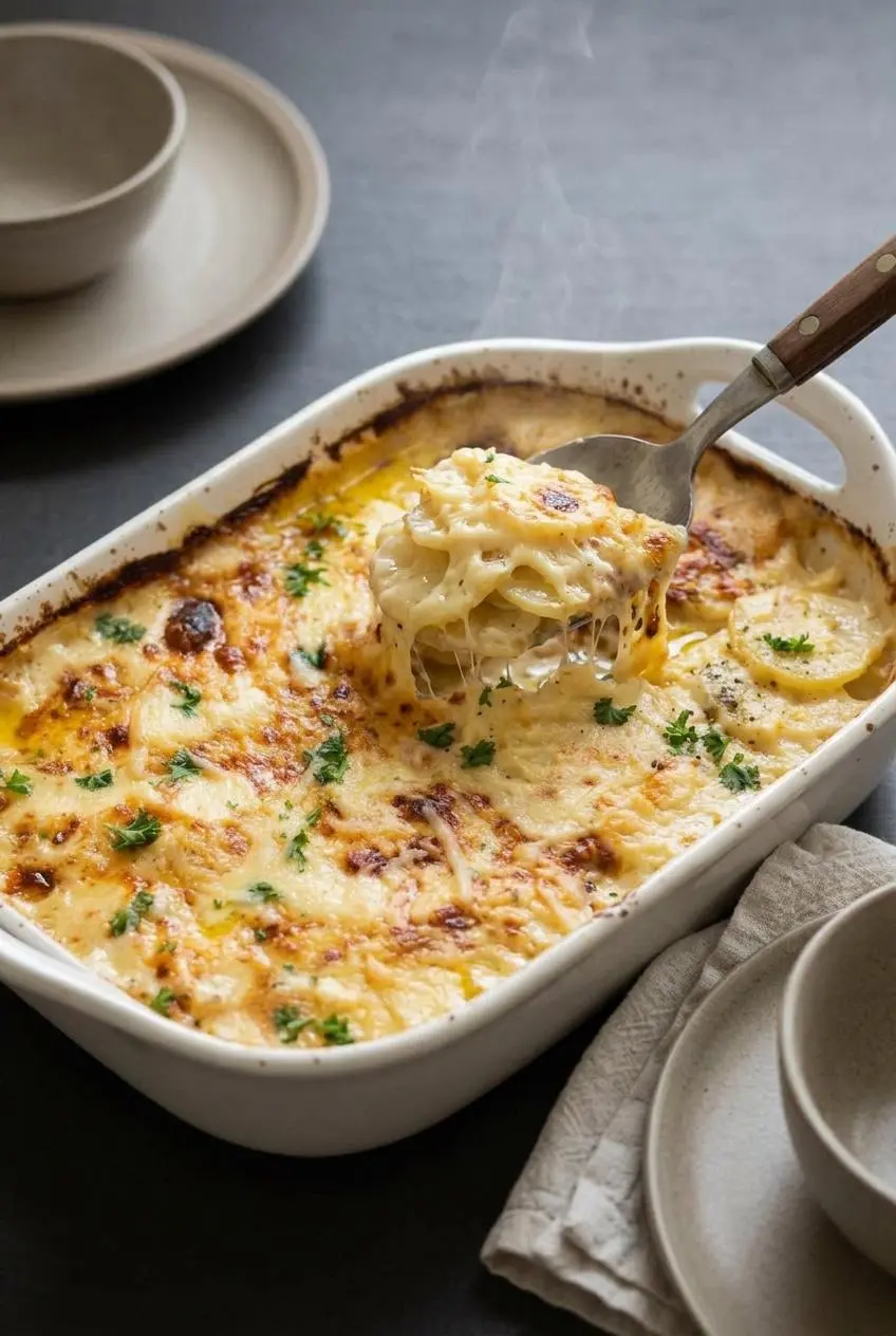 A metal spoon lifting a portion of cheesy garlic scalloped potatoes from a baking dish, showing steam and melted cheese.
