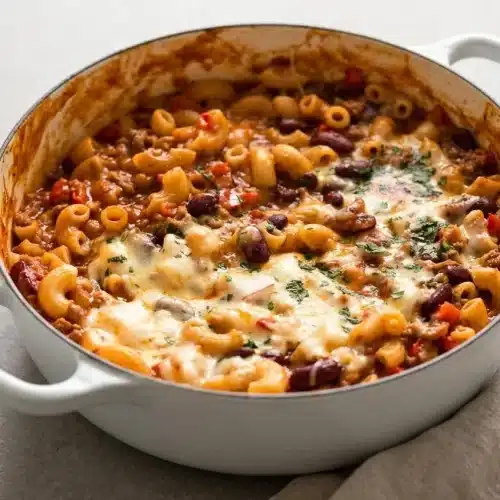 Chili mac recipe featuring tender macaroni in rich tomato beef sauce with melted cheddar cheese.