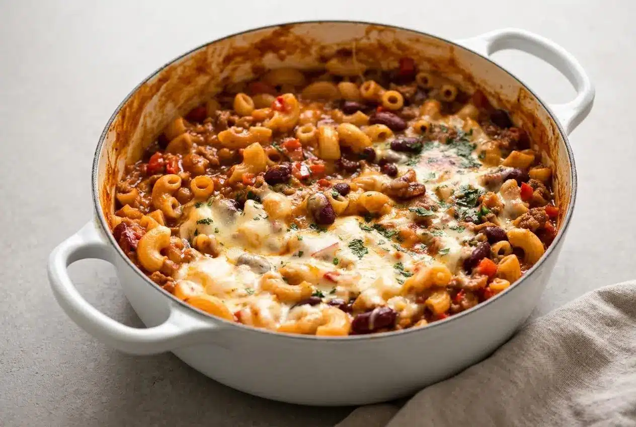 Chili mac recipe featuring tender macaroni in rich tomato beef sauce with melted cheddar cheese.