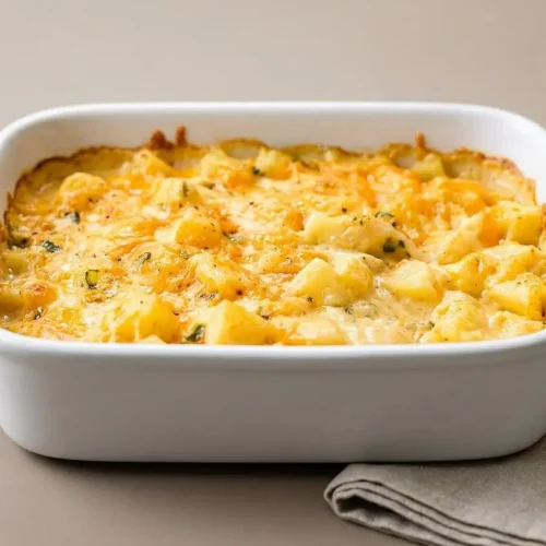 Cheesy potato casserole baked golden and bubbly with browned cheddar edges in a ceramic dish.