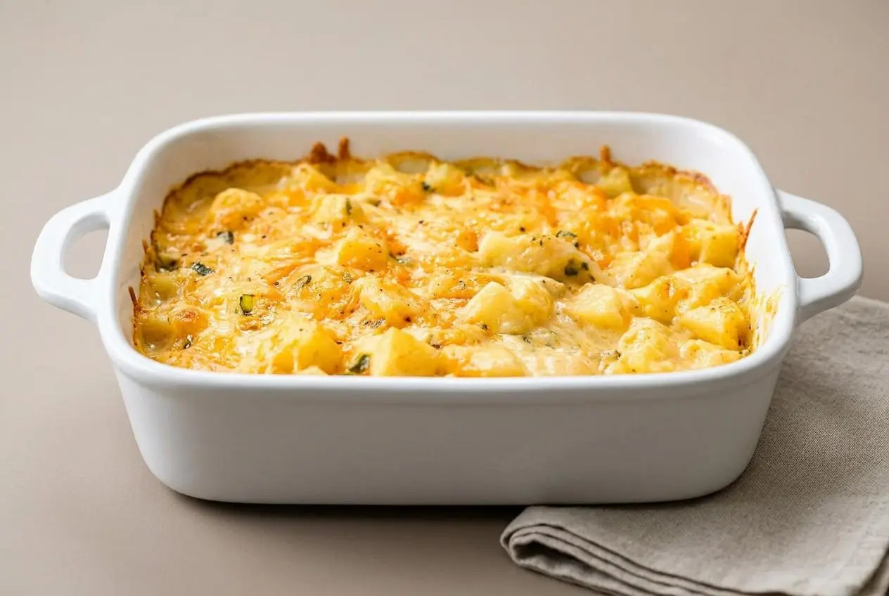 Cheesy potato casserole baked golden and bubbly with browned cheddar edges in a ceramic dish.