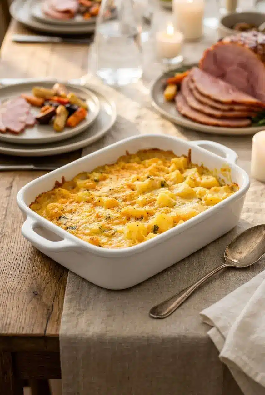 Cheesy potato casserole served on a rustic dining table alongside sliced glazed holiday ham.