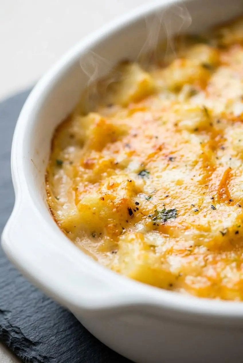Extreme close-up of blistering melted cheddar cheese and golden-brown bubbly edges on a baked potato casserole.