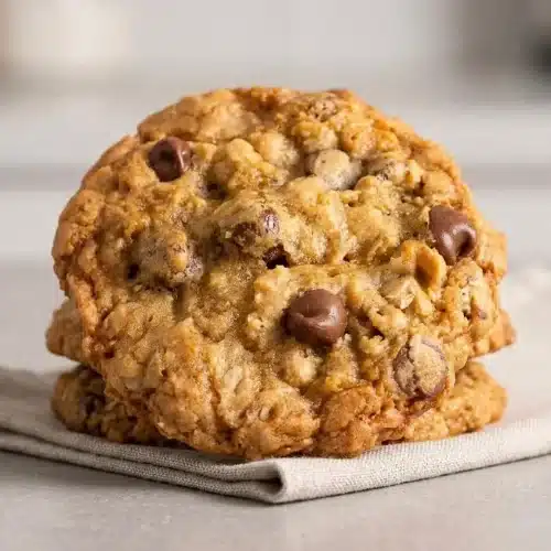 Baked oatmeal chocolate chip cookies with golden crisp edges, chewy centers, and melted chocolate.