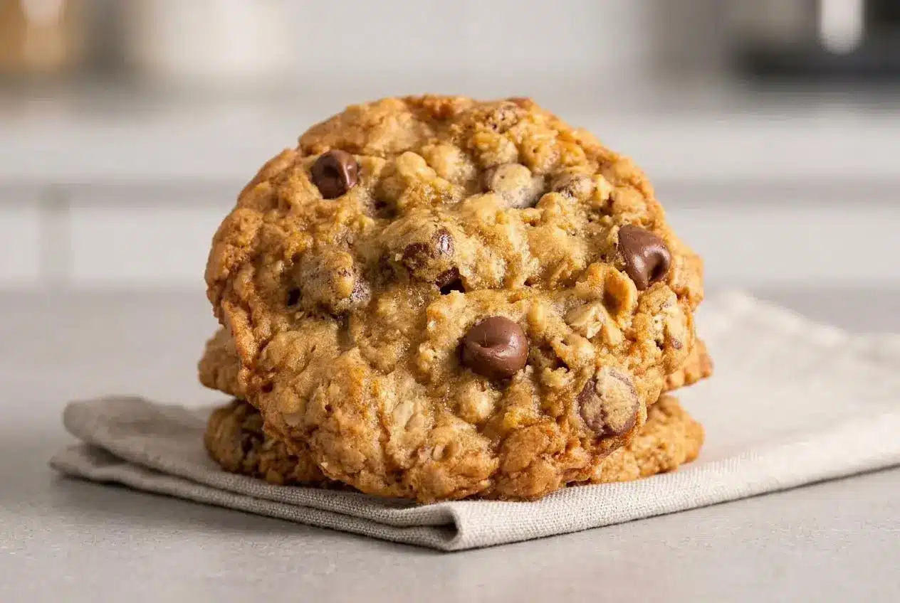 Baked oatmeal chocolate chip cookies with golden crisp edges, chewy centers, and melted chocolate.