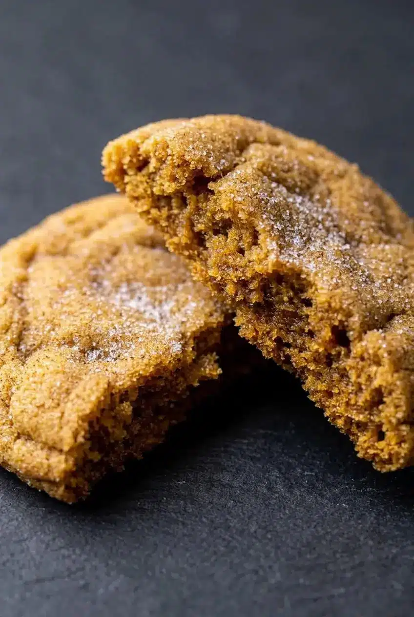 Broken spiced pumpkin cookie showing a thick, chewy interior crumb and crisp sugar crust.