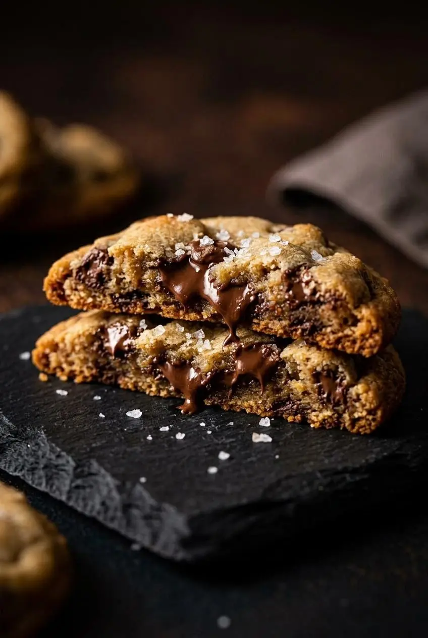 Broken chocolate chip cookie showing a soft chewy crumb and gooey melted chocolate center.