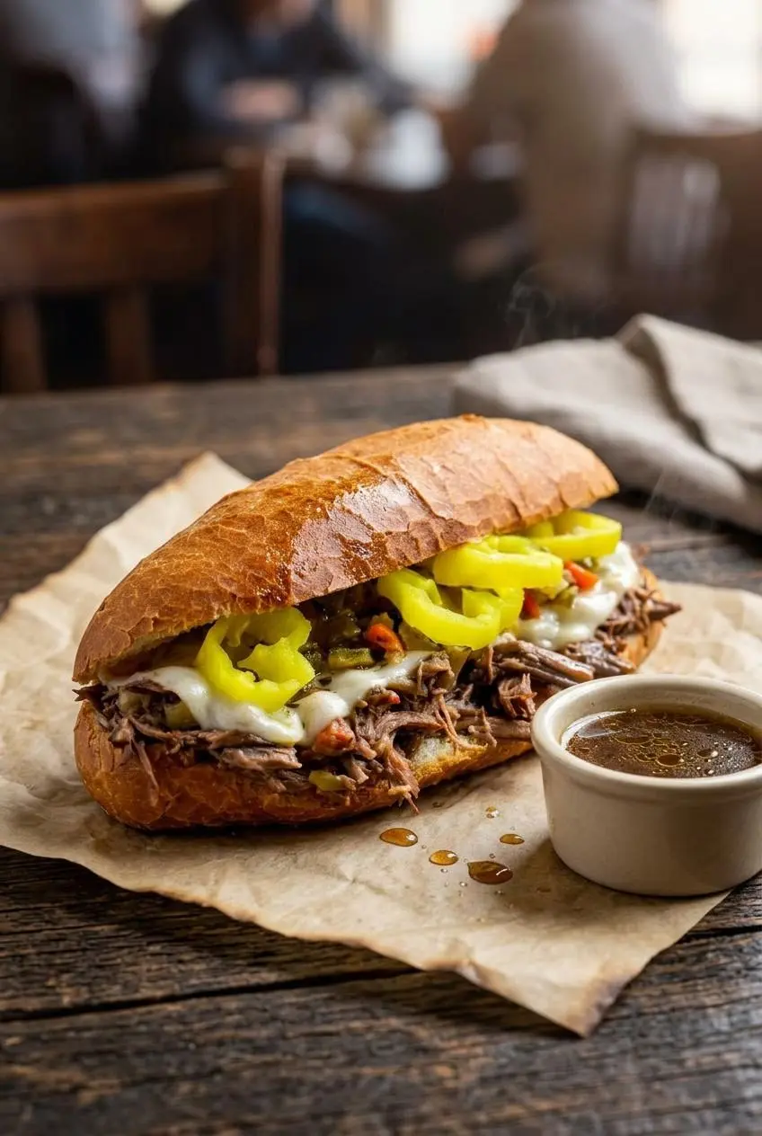 Italian beef sandwich on a crusty roll topped with giardiniera served beside a ramekin of warm dipping jus.