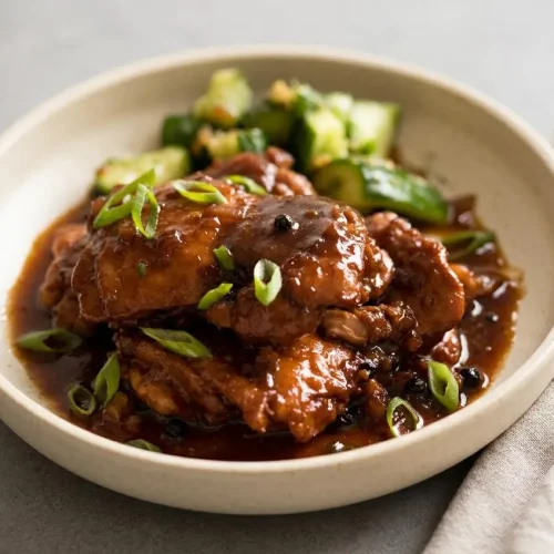 Tender chicken adobo recipe thighs coated in a glossy savory-tangy soy vinegar glaze.