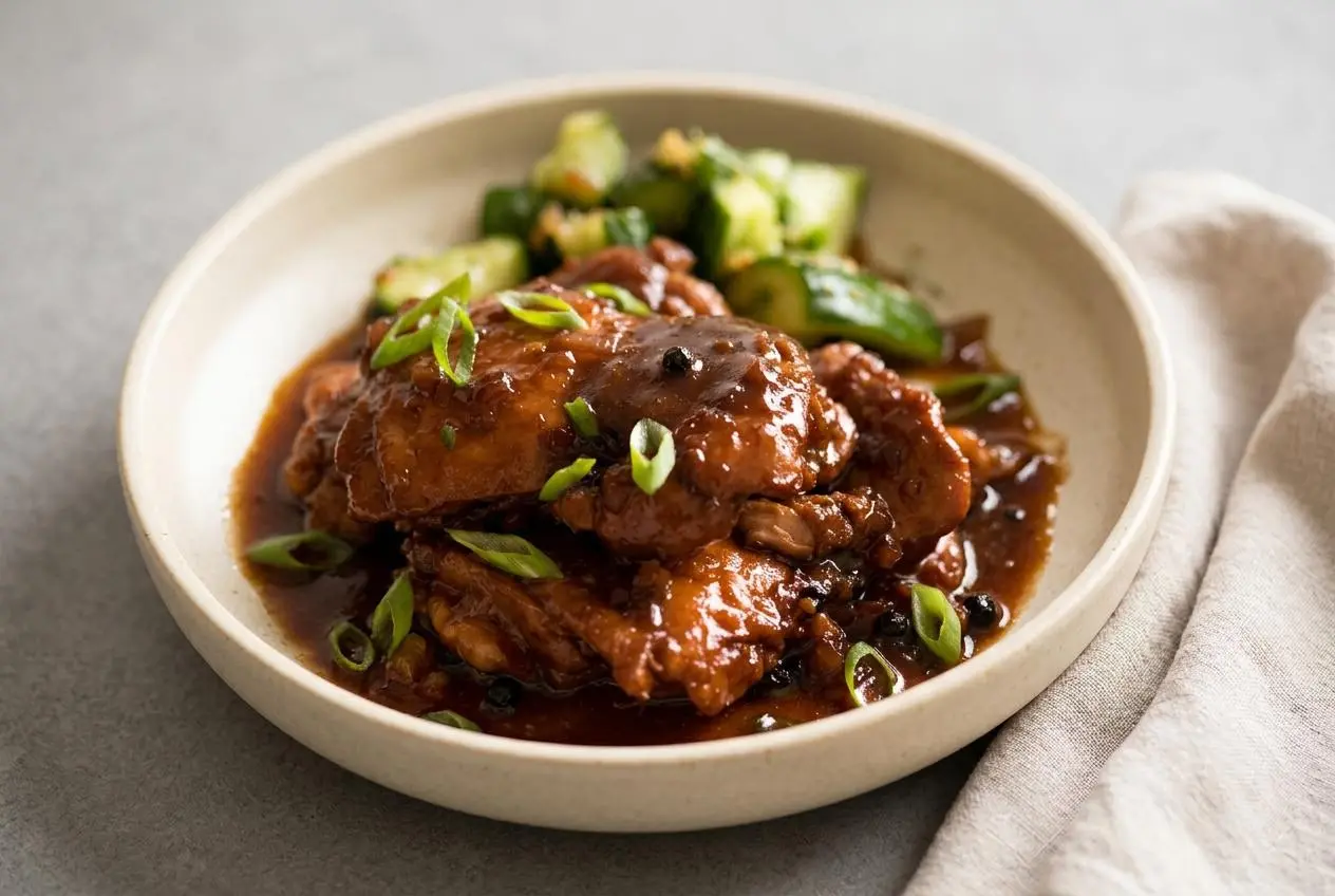 Tender chicken adobo recipe thighs coated in a glossy savory-tangy soy vinegar glaze.