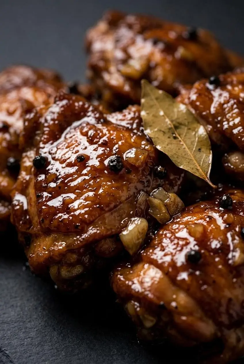 Close-up of glossy reduced soy vinegar sauce coating browned chicken thigh with cracked peppercorns.