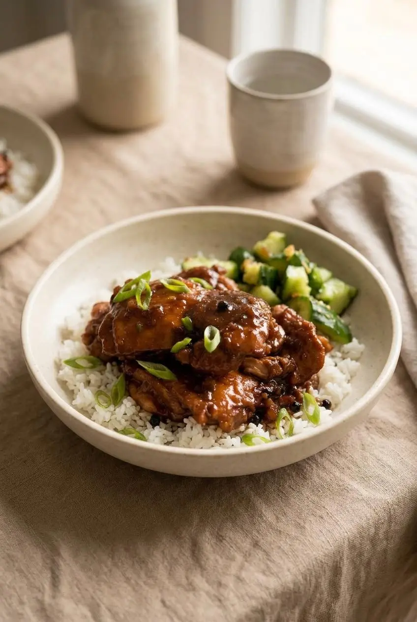 Savory chicken adobo served over steamed white jasmine rice with fresh sliced cucumbers and green onions.