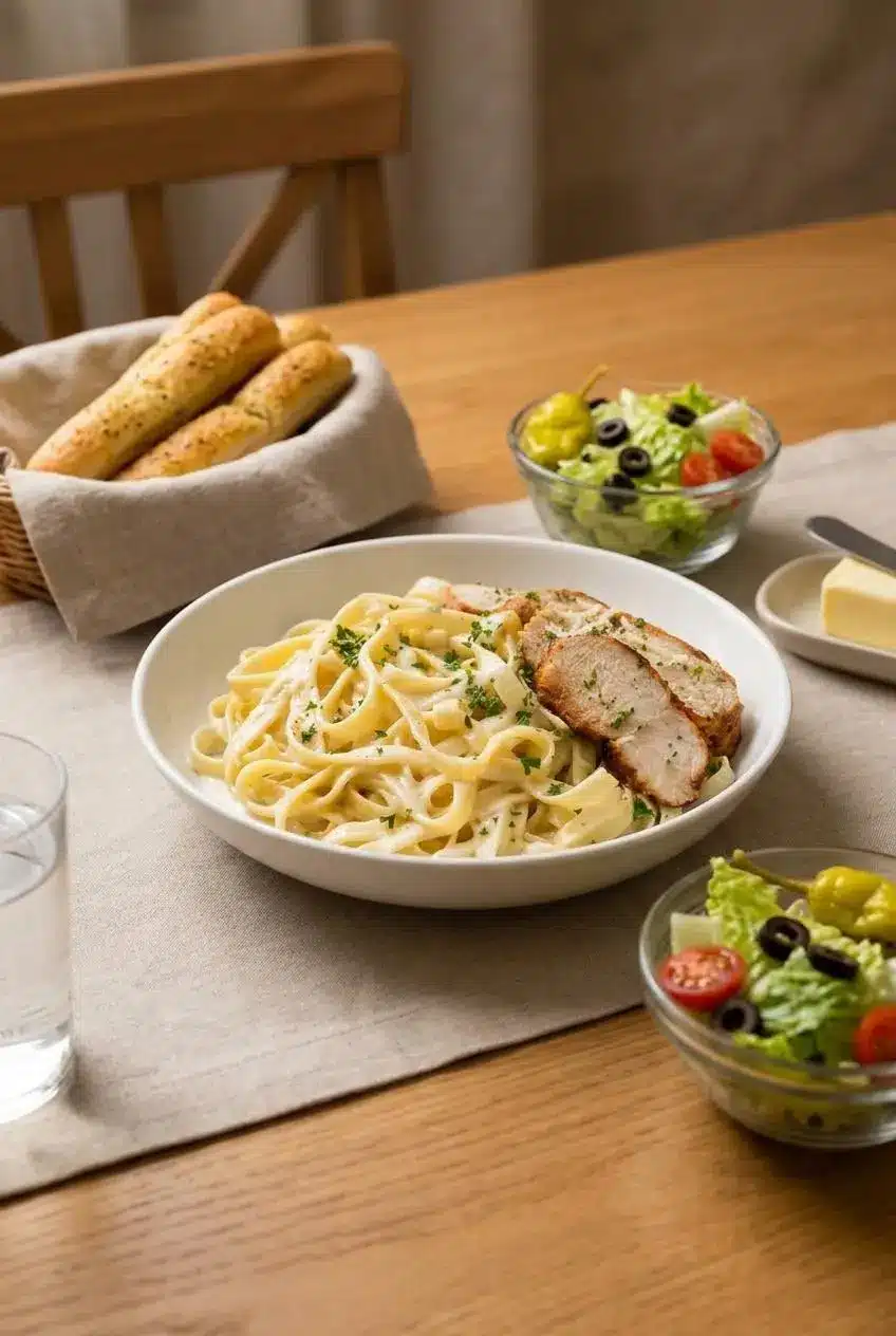 Bowl of creamy chicken Alfredo served alongside warm garlic butter breadsticks and a fresh Italian salad.
