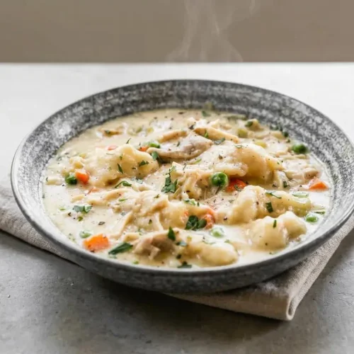 Creamy chicken and dumplings recipe with fluffy drop dumplings, tender chicken, carrots, and peas.