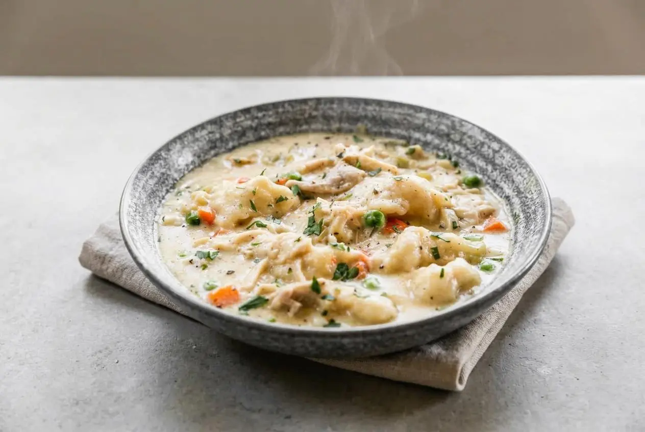 Creamy chicken and dumplings recipe with fluffy drop dumplings, tender chicken, carrots, and peas.
