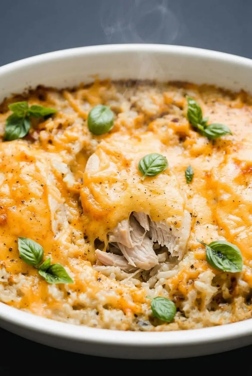 Close-up of bubbling melted cheddar crust over tender rice and chicken with cracked black pepper.