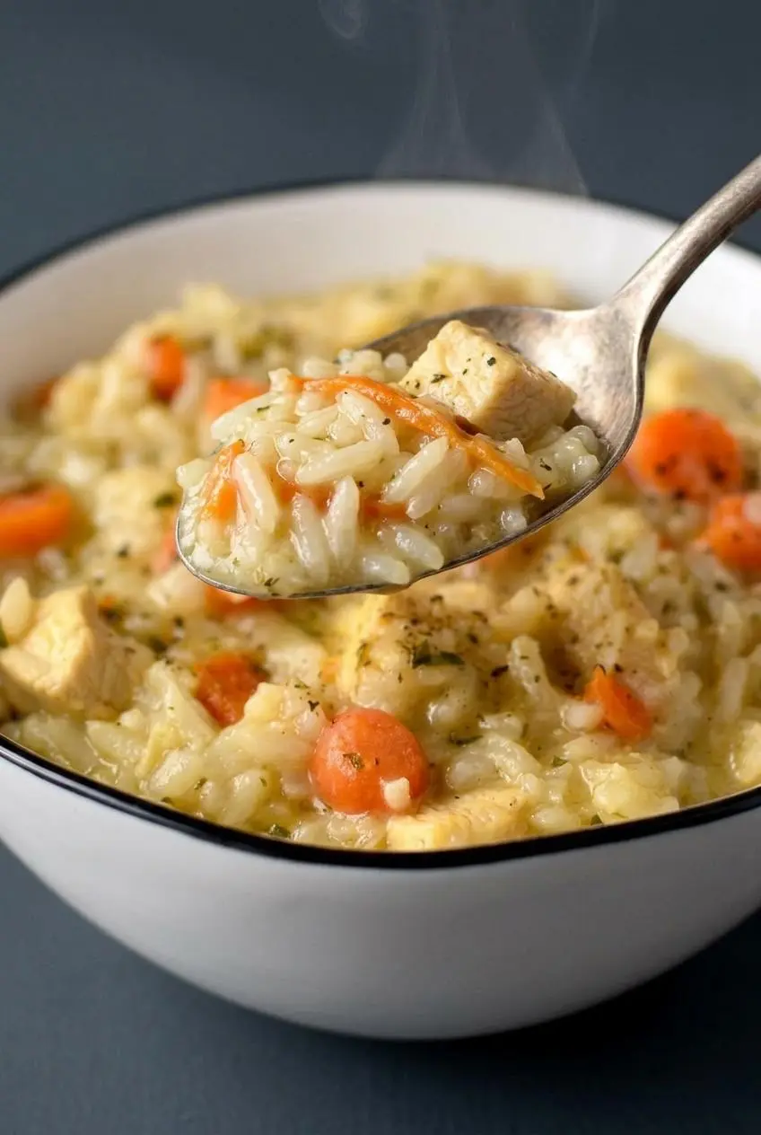 Spoon lifting velvety chicken and rice showing tender jasmine grains, juicy chicken, and shredded carrots.