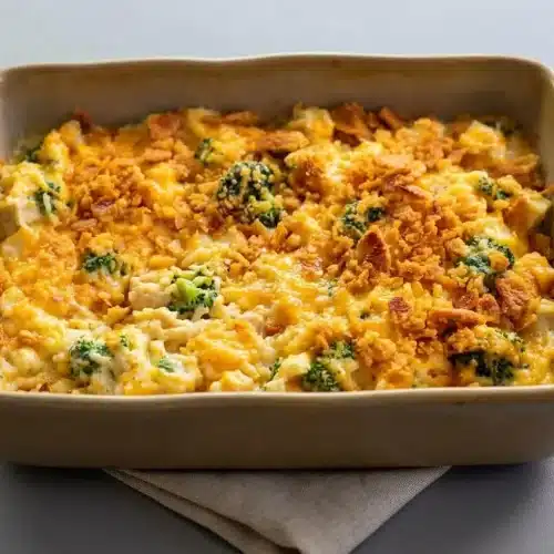 Baked chicken broccoli rice casserole in a dish topped with melted cheddar cheese and golden cracker crumbs.