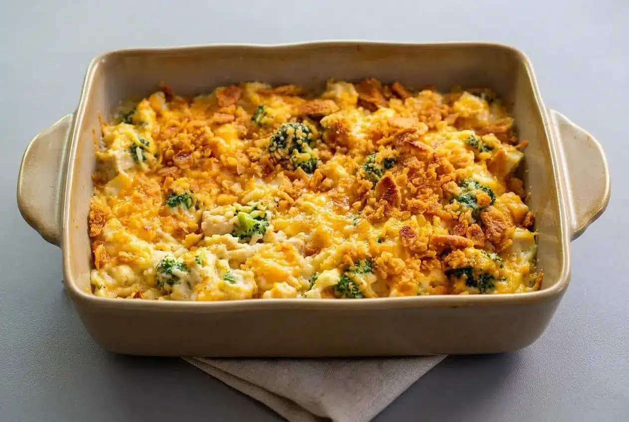 Baked chicken broccoli rice casserole in a dish topped with melted cheddar cheese and golden cracker crumbs.
