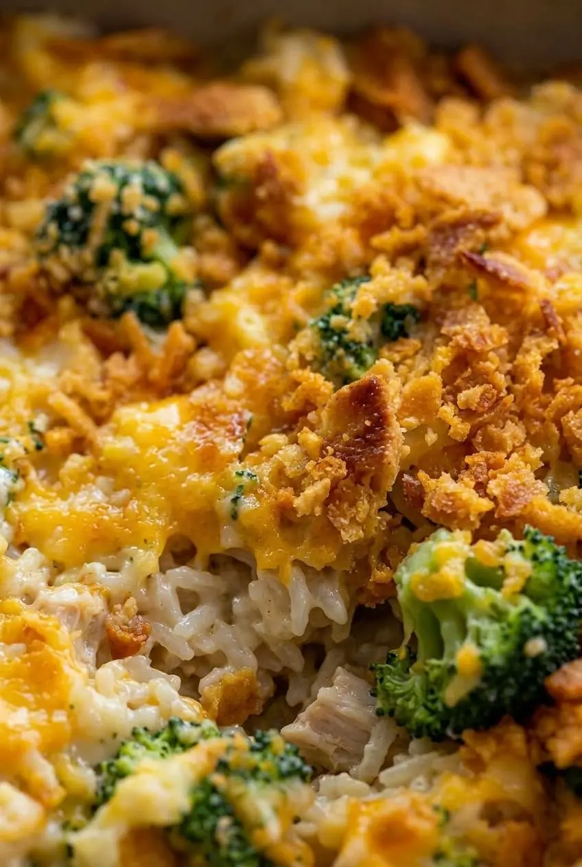 Close-up view of creamy rice, tender broccoli, melted cheddar cheese, and toasted cracker crumb topping.