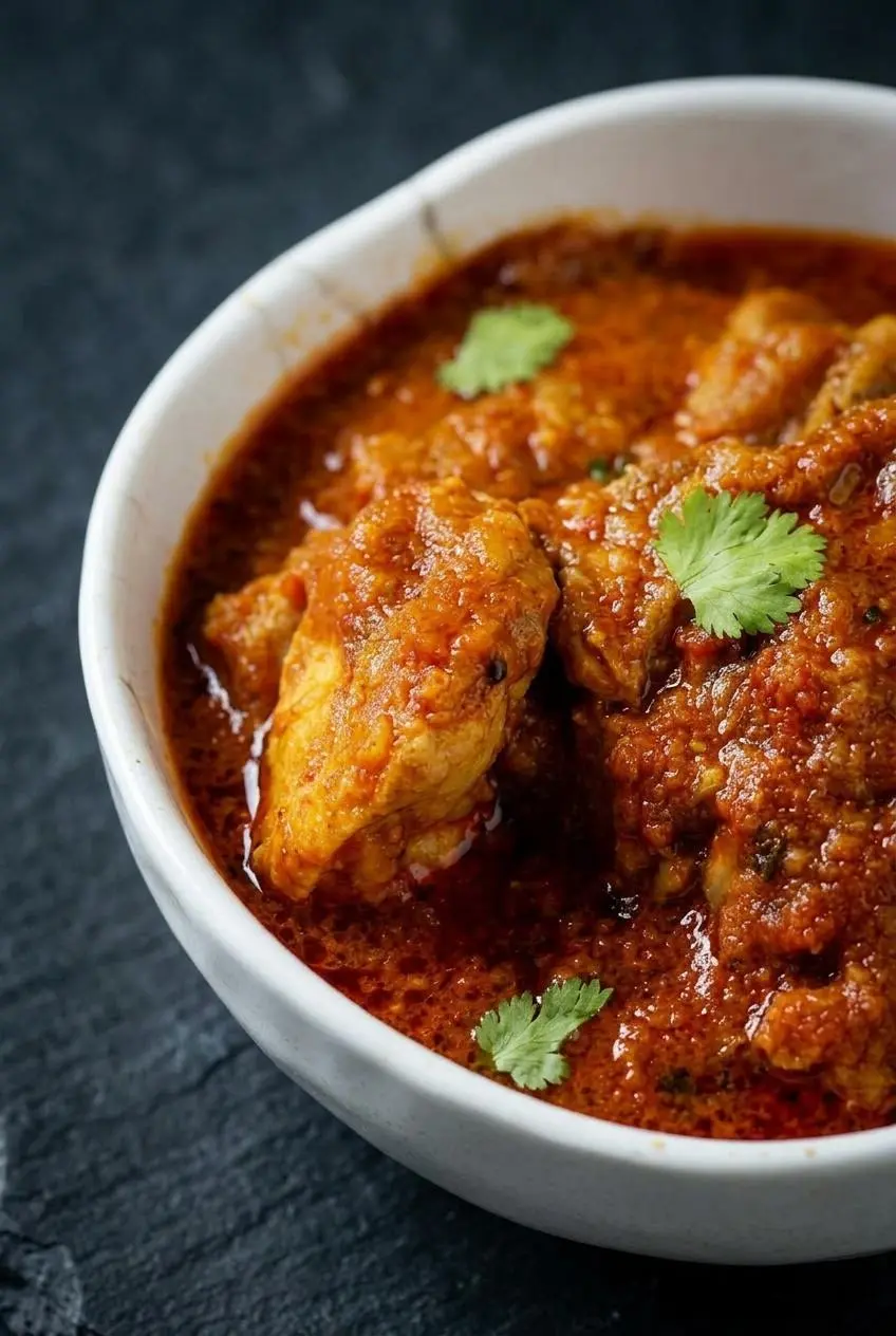 Close-up of tender chicken curry coated in thick glossy sauce with spiced oil droplets along the edge.