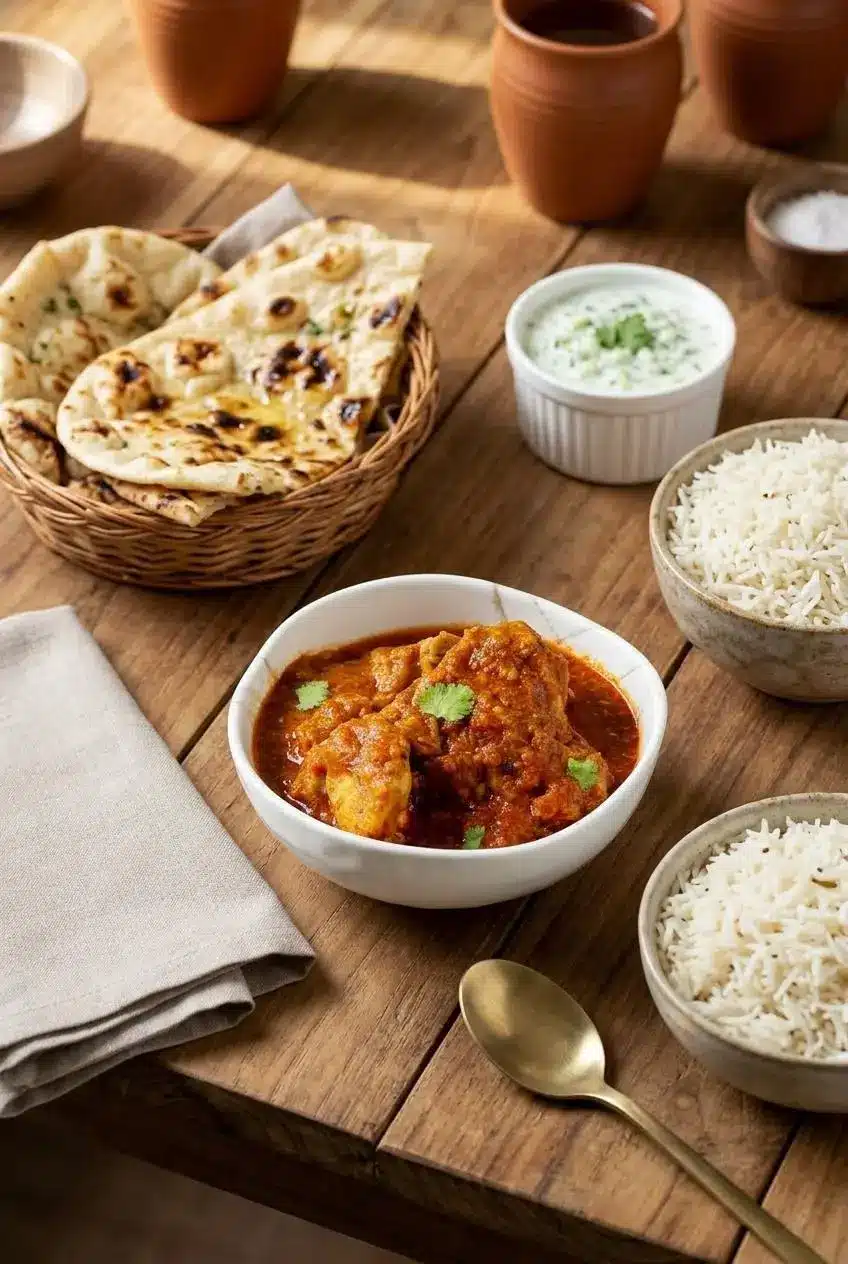 Chicken curry in a bowl served with warm butter naan, steamed basmati rice, and cool cucumber raita.