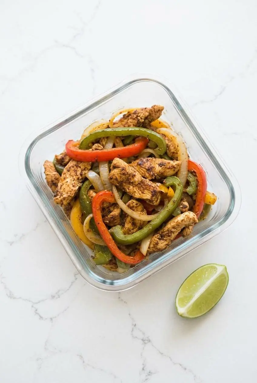 Cooked chicken fajita filling stored in a glass meal prep container next to a fresh lime wedge.