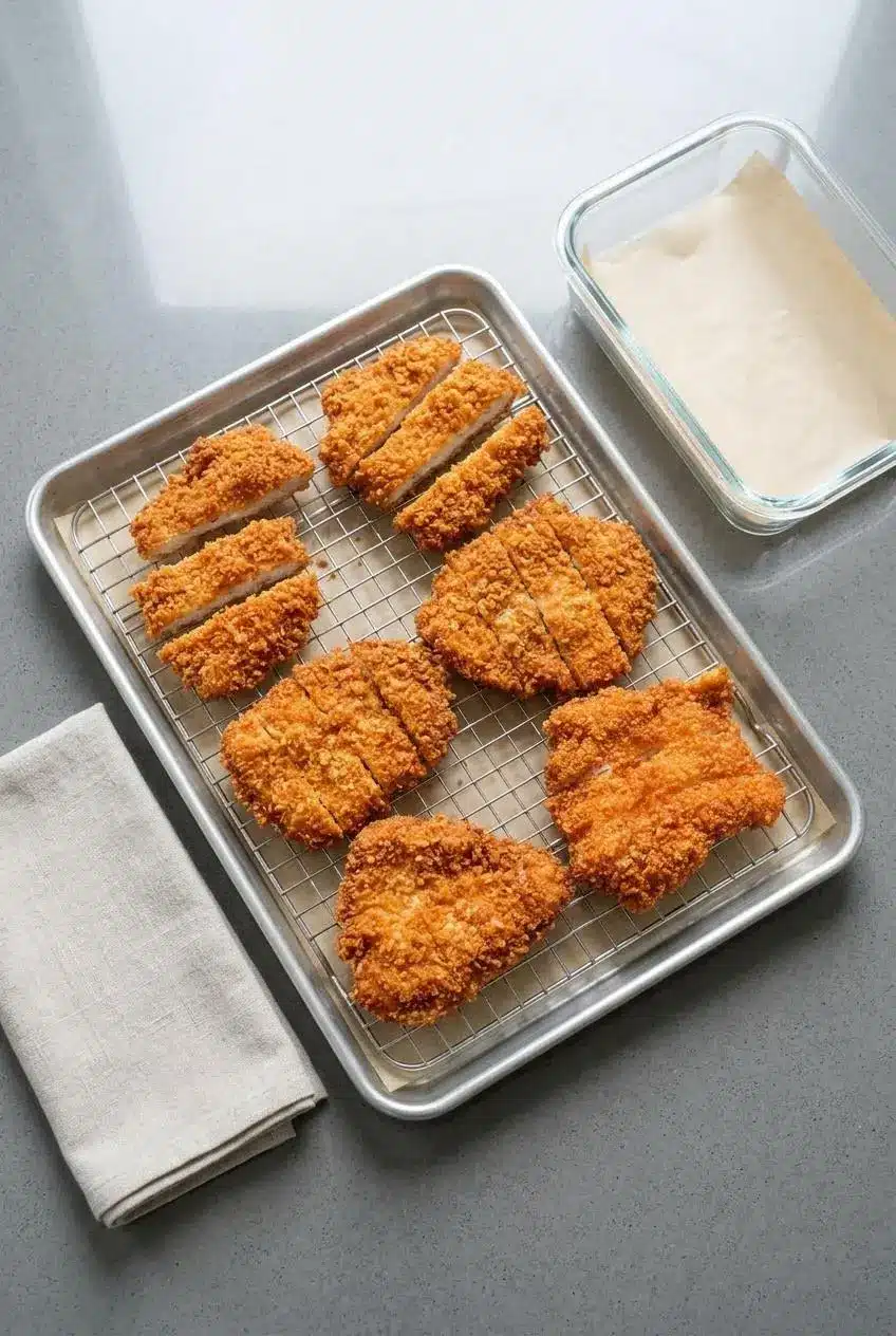 Freshly fried chicken katsu cutlets cooling on a raised wire rack next to a glass storage container.