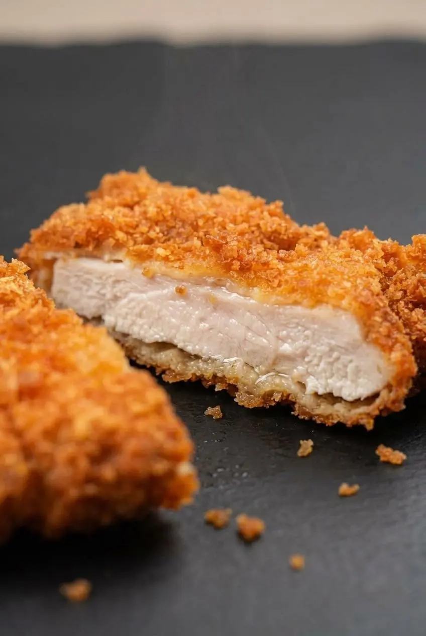 Close-up cross section of chicken katsu showing juicy meat inside a jagged, golden panko crust.