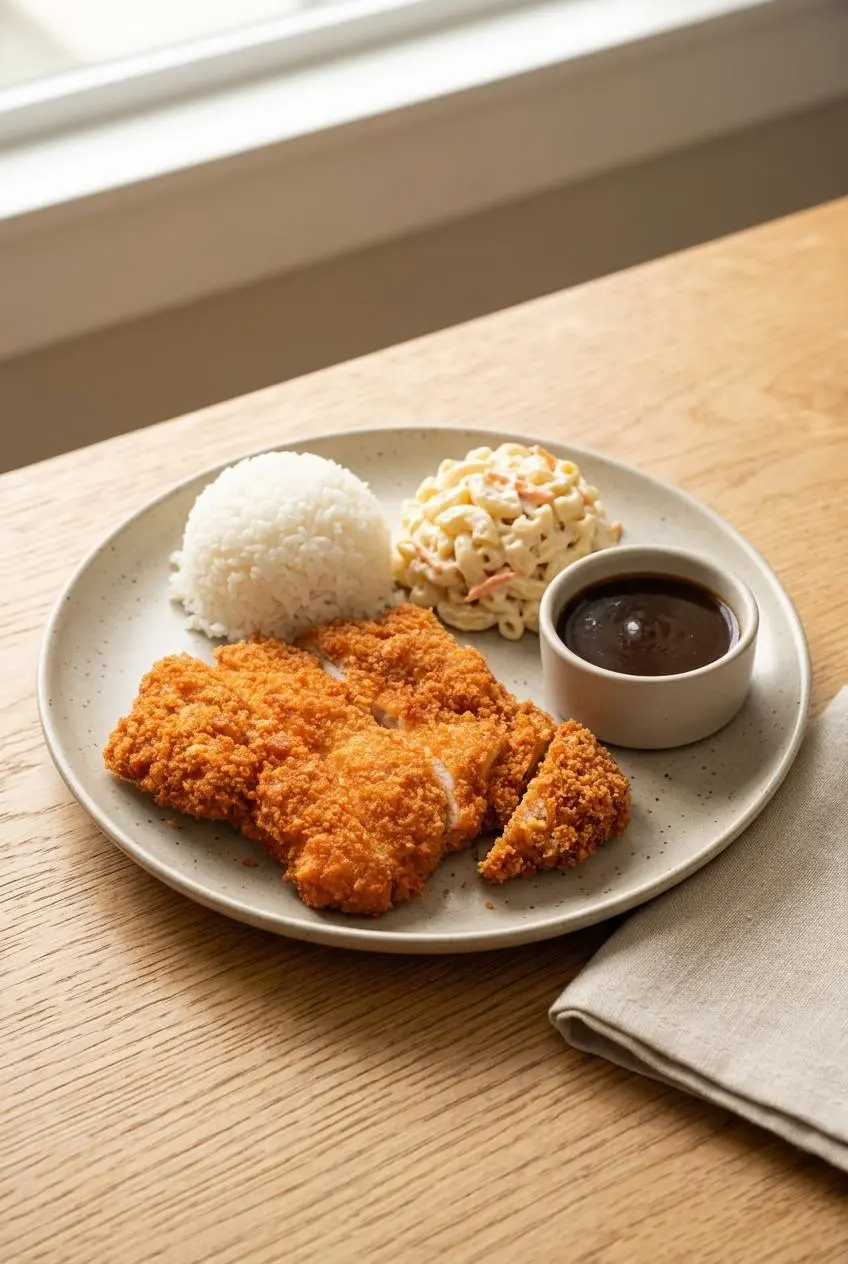 Plate lunch with sliced chicken katsu, steamed Calrose rice, macaroni salad, and tonkatsu sauce.