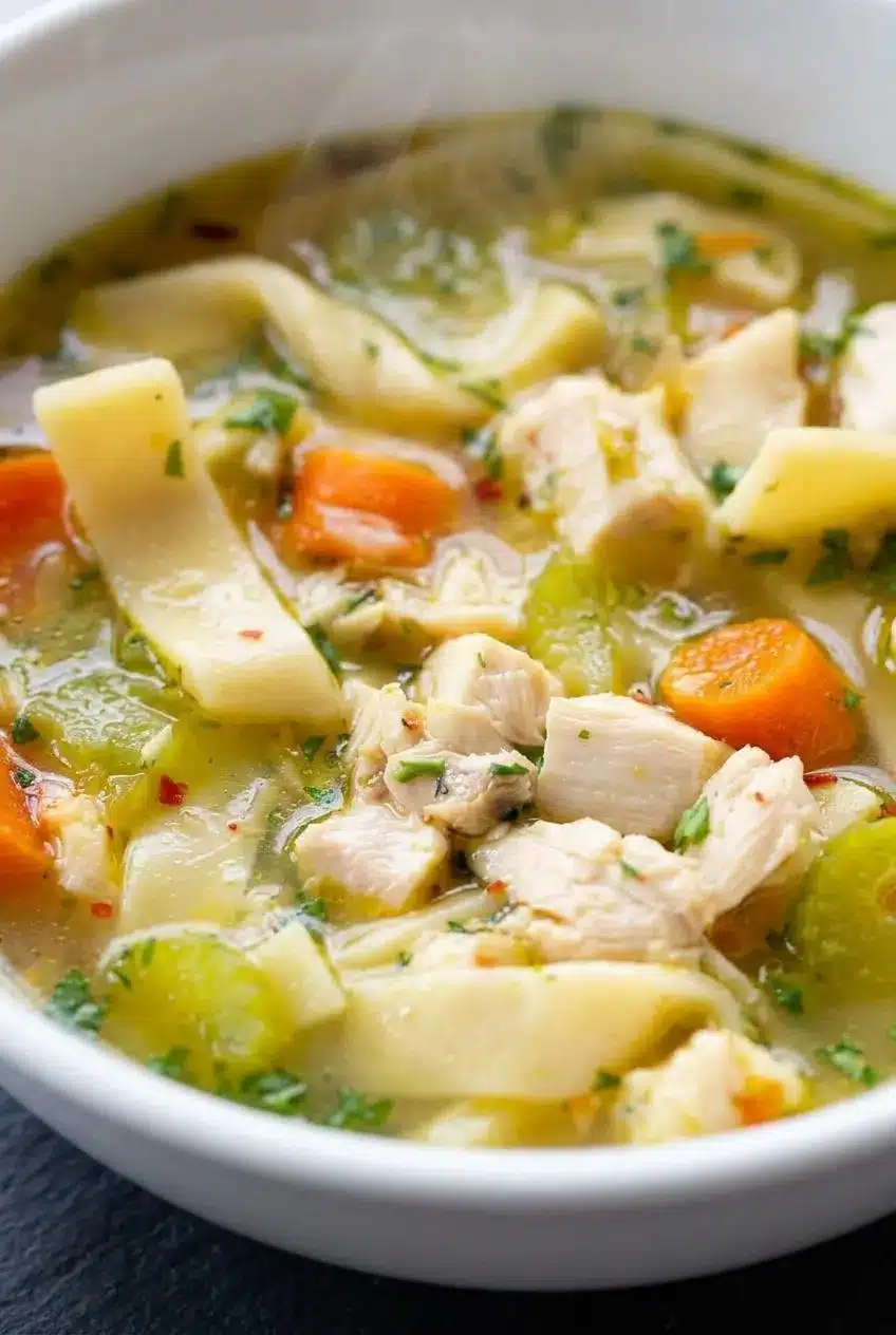 Close-up of tender egg noodles, shredded chicken, and diced carrots in a shimmering herb chicken broth.