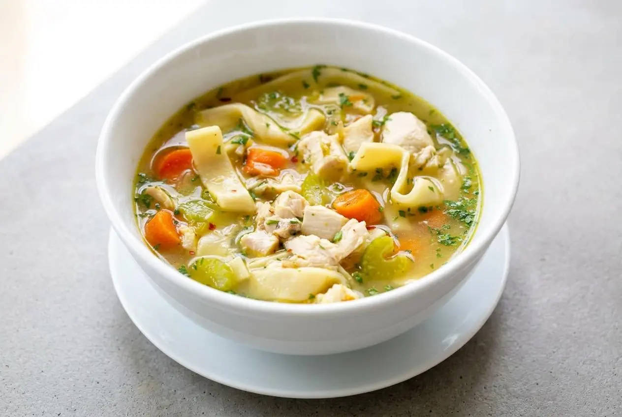 Chicken noodle soup recipe served in a bowl with shredded chicken, egg noodles, carrots, and savory golden broth.