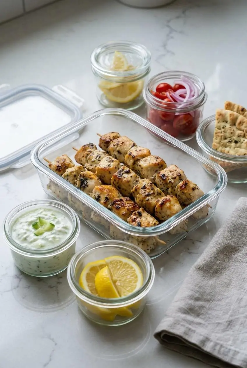 Glass meal prep container filled with cooked chicken souvlaki pieces next to a small jar of tzatziki sauce.