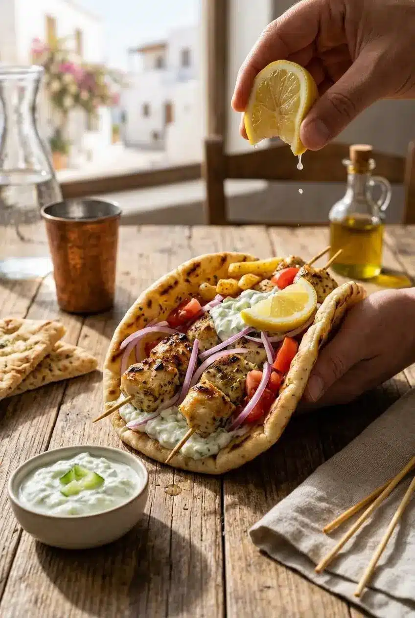 Warm Greek pita flatbread loaded with grilled chicken souvlaki, thick tzatziki sauce, sliced tomatoes, and red onions.