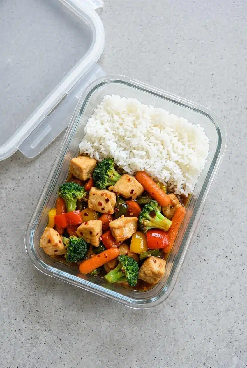 Glass meal prep container divided with chicken stir fry on one side and white rice on the other.