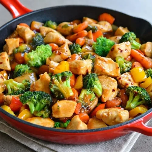 Chicken stir fry recipe with golden seared chicken cubes, broccoli, and bell peppers in a glossy honey soy glaze.