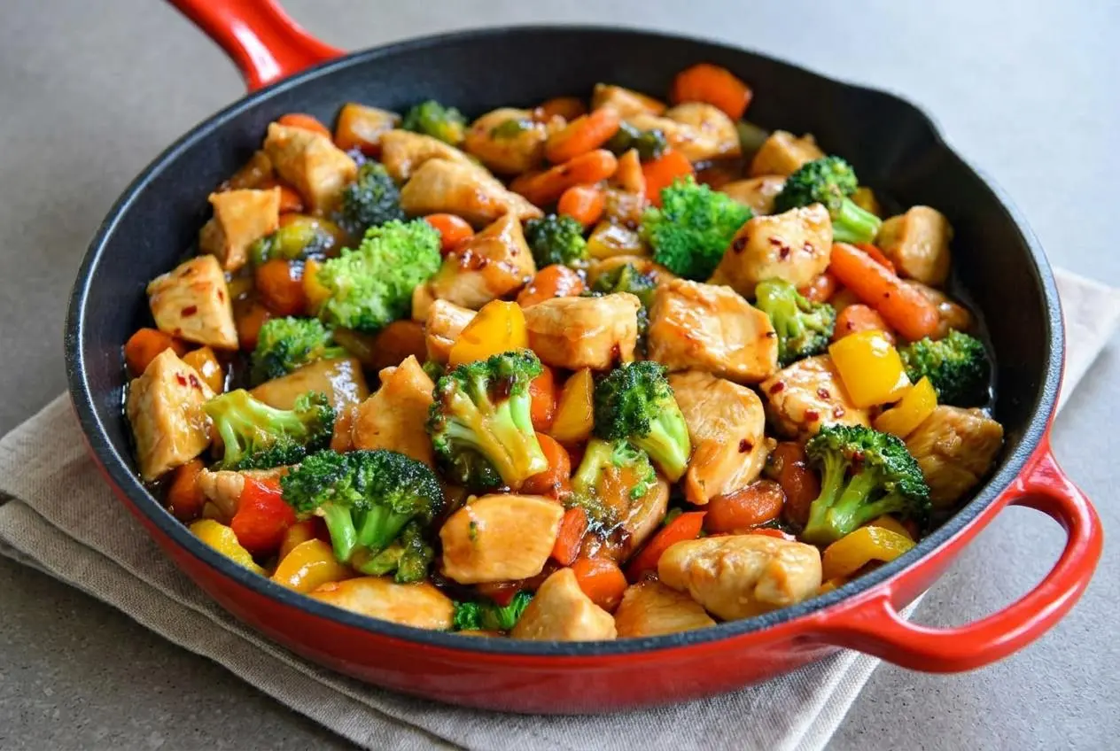 Chicken stir fry recipe with golden seared chicken cubes, broccoli, and bell peppers in a glossy honey soy glaze.
