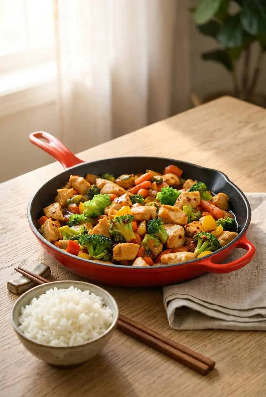 Fresh chicken stir fry served in a ceramic bowl with a side of steamed jasmine rice and chopsticks on an oak table.