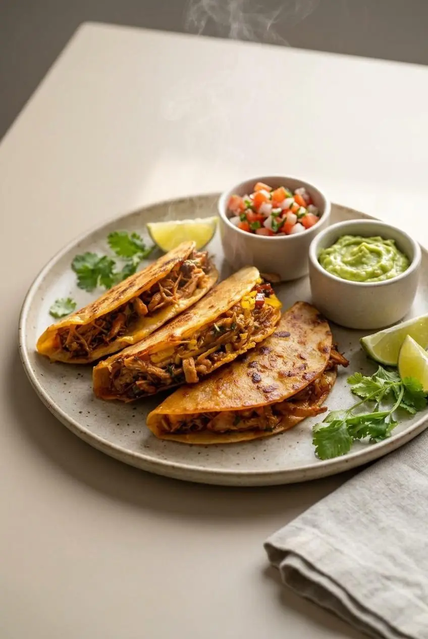 Three crispy chicken tacos on a ceramic plate served with small bowls of fresh pico de gallo and guacamole.