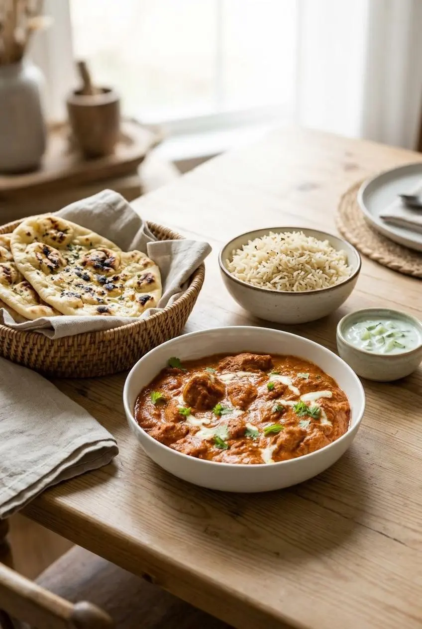 Chicken tikka masala served with warm garlic butter naan, fluffy basmati rice, and cucumber raita.